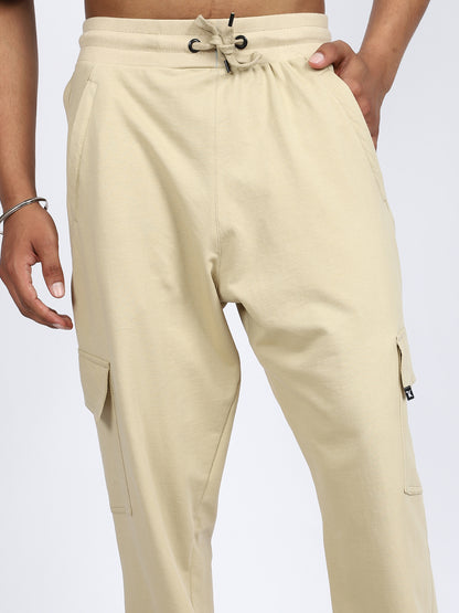 Men Solid Cargo Joggers Beige