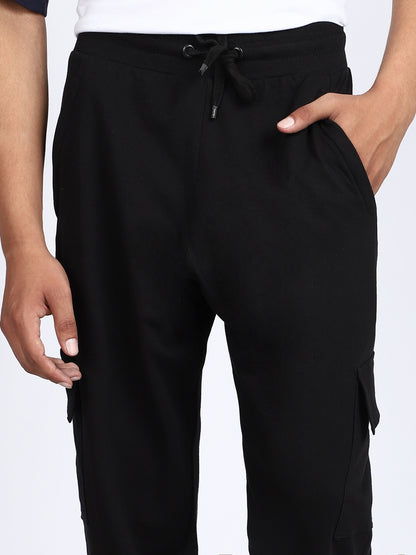 Men Solid Cargo Joggers Black