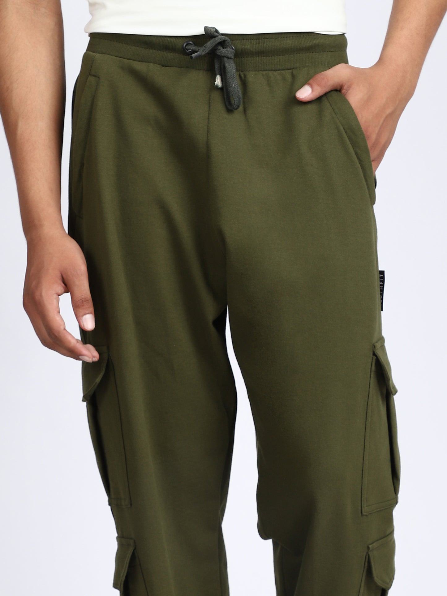 Men Solid Cargo Joggers Green 6 Pocket