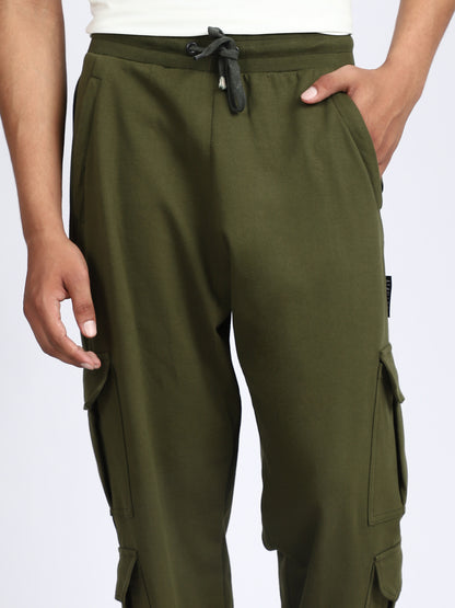 Men Solid Cargo Joggers Green 6 Pocket