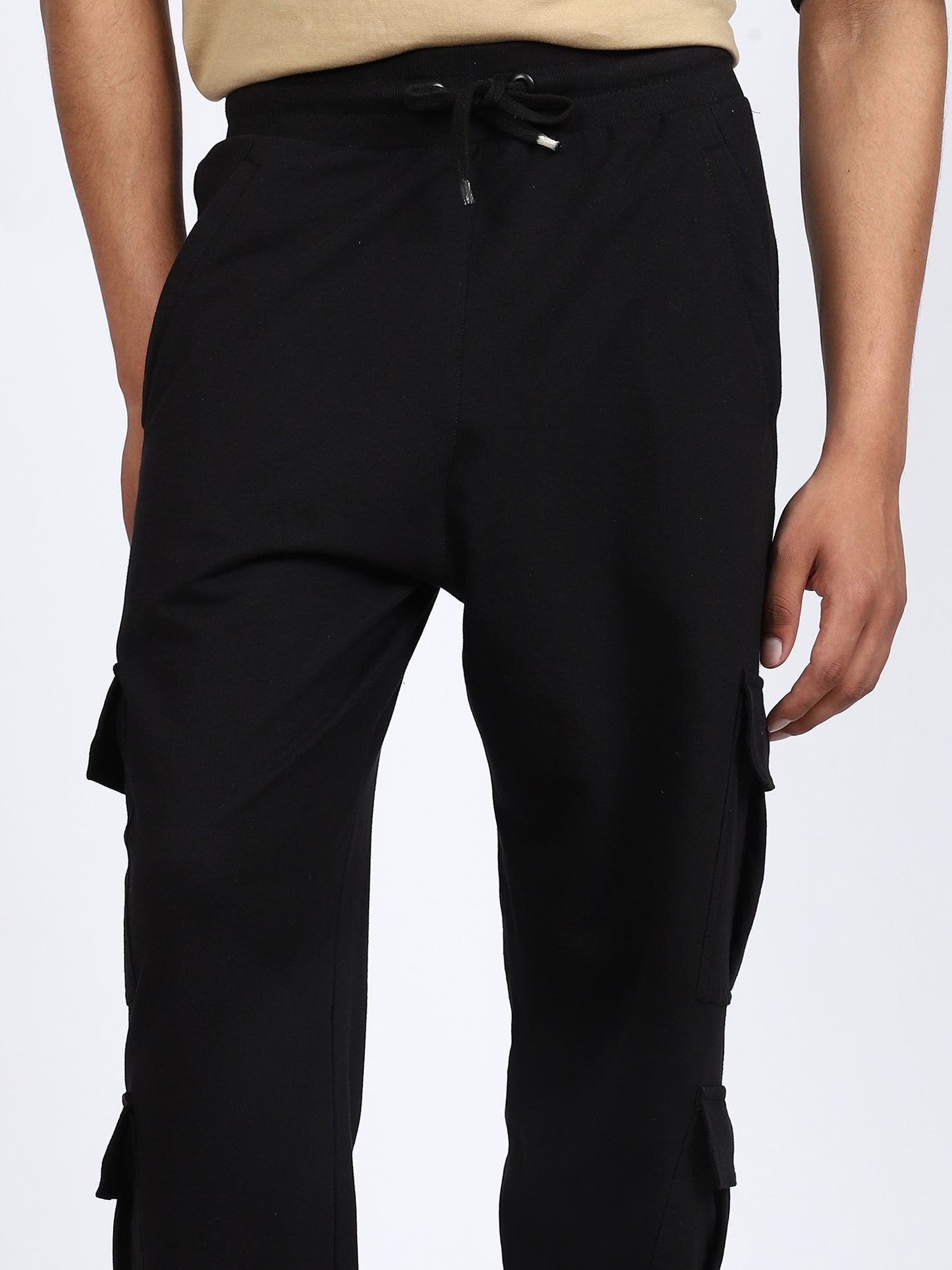 Men Solid Cargo Joggers Black 6 Pocket