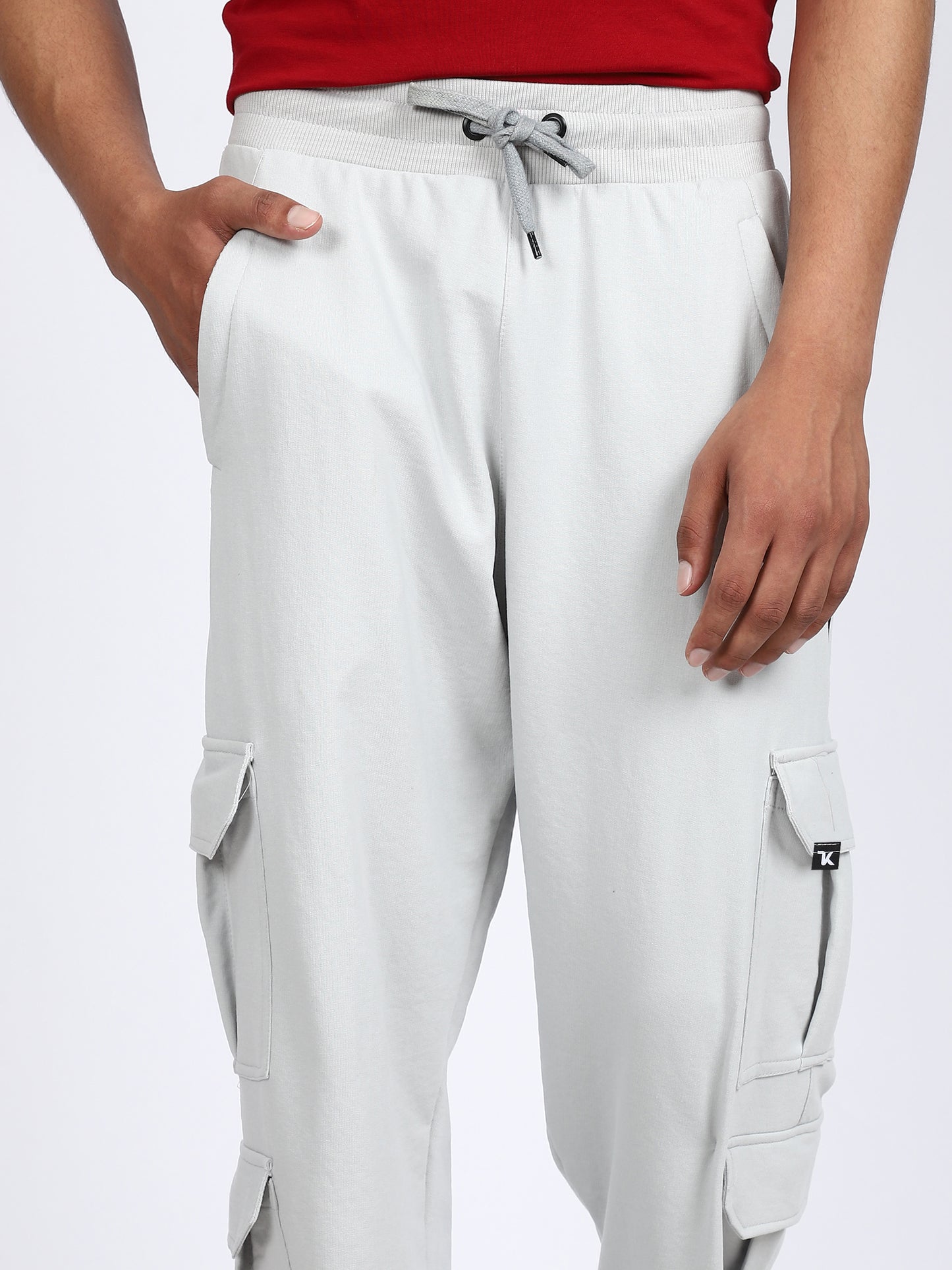 Men Solid Cargo Joggers Light Gray 6 Pocket