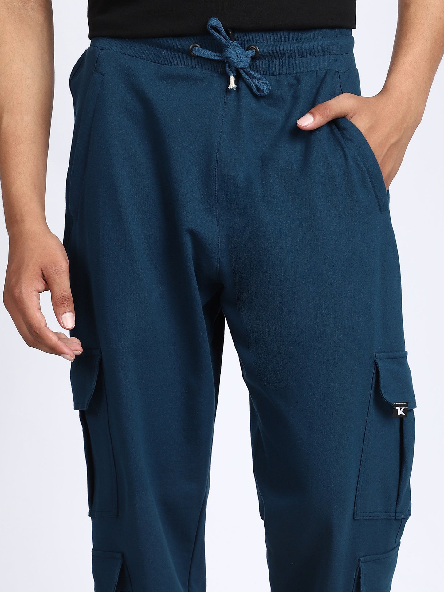 Men Solid Cargo Joggers Blue 6 Pocket