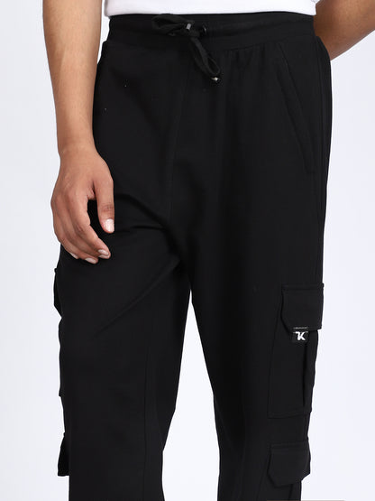 Men Solid Cargo Black 6 Pocket