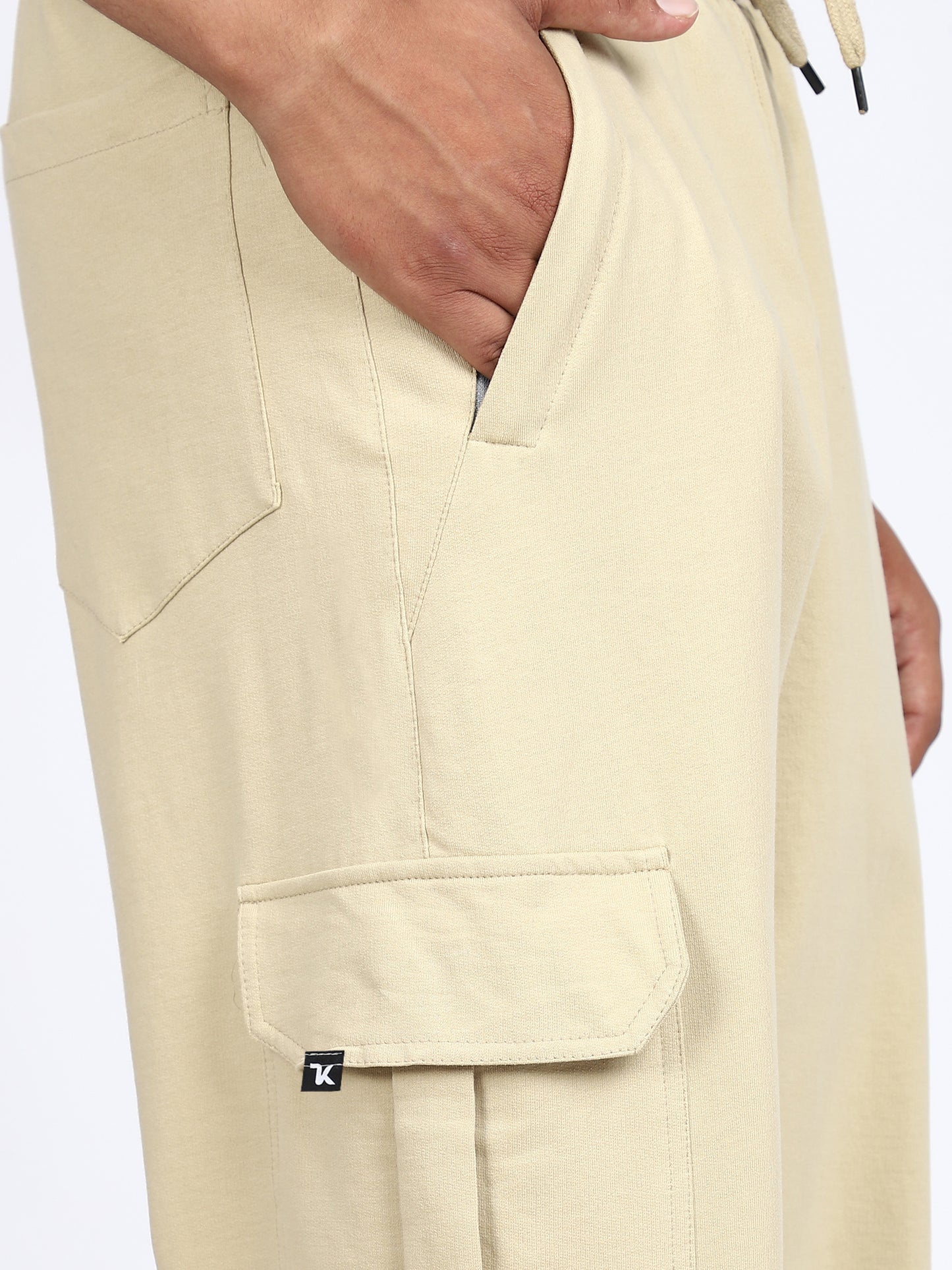 Men Solid Cargo Joggers Beige 6 Pocket