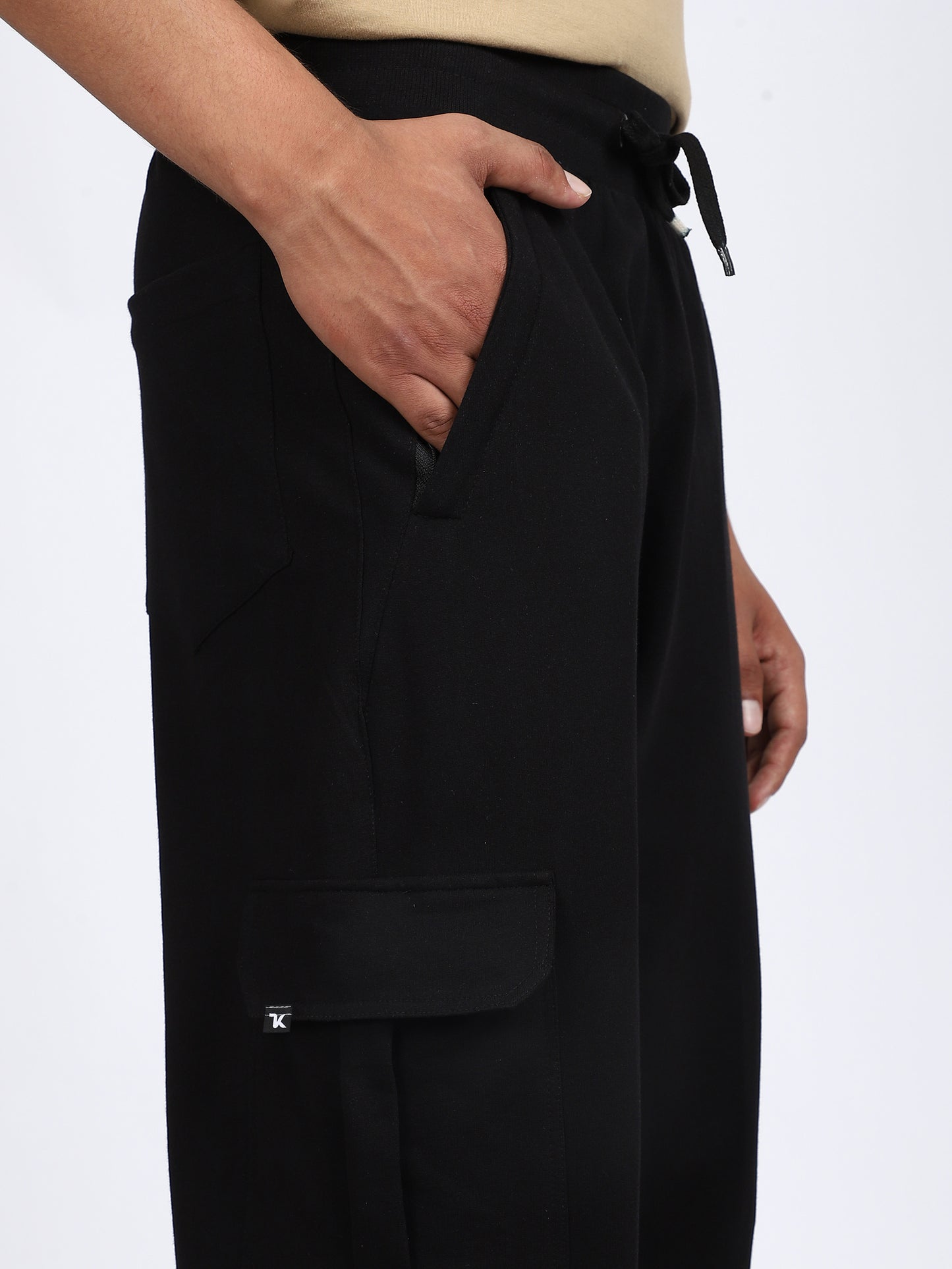 Men Solid Cargo Joggers Black 6 Pocket