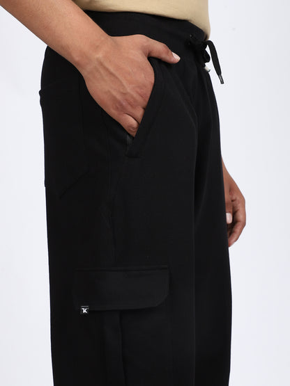 Men Solid Cargo Joggers Black 6 Pocket