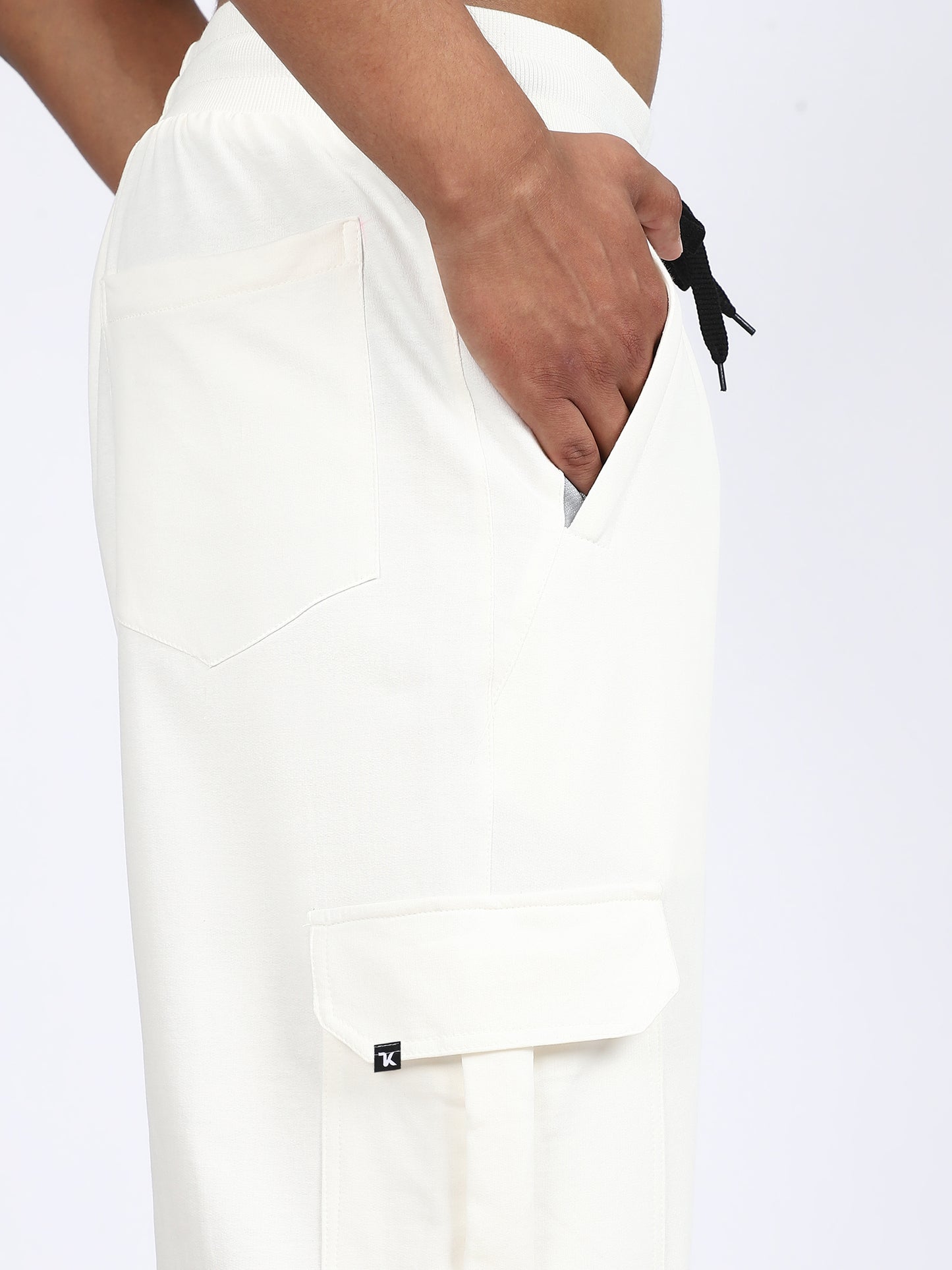 Men Solid Cargo Joggers White 6 Pocket