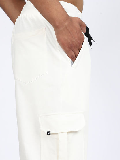 Men Solid Cargo Joggers White 6 Pocket