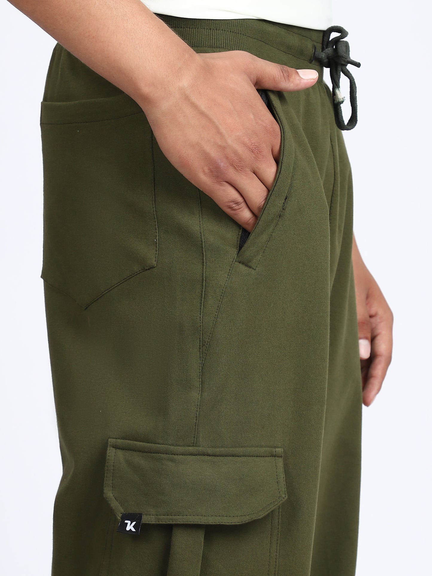 Men Solid Cargo Joggers Green 6 Pocket
